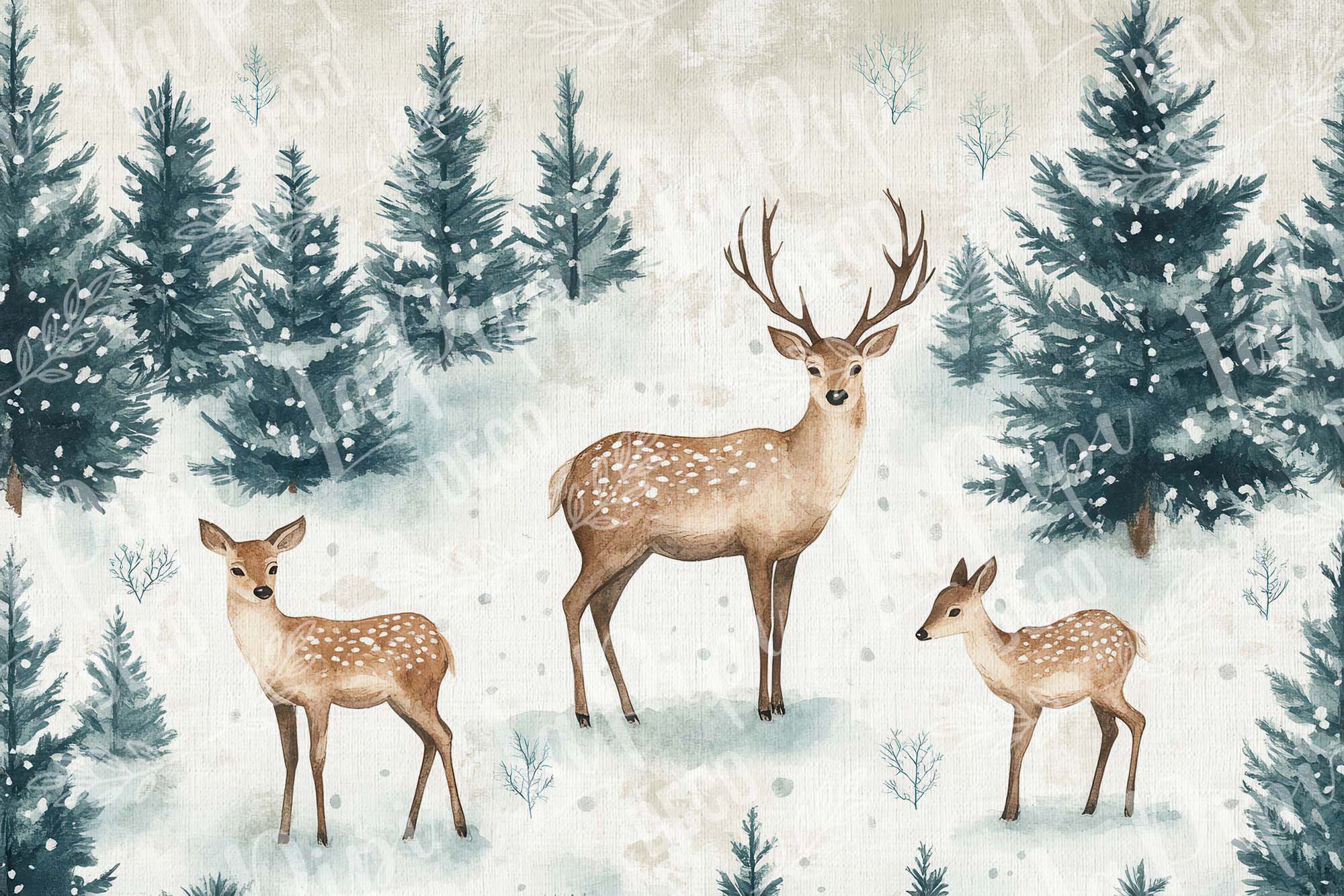 Seamless pattern with watercolor deer in snowy pine forest landscape, capturing serene winter wildlife scene